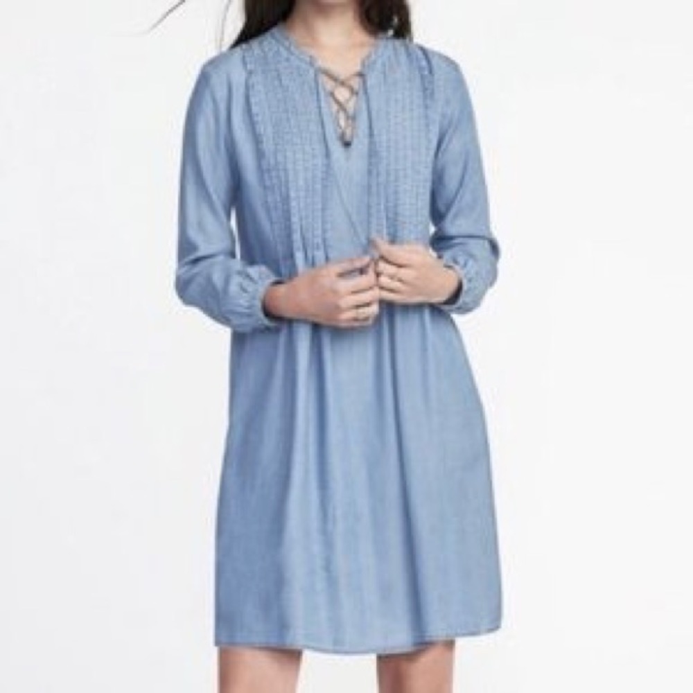 Old Navy Light Blue Long Sleeve Lace-Up Shift Dress
